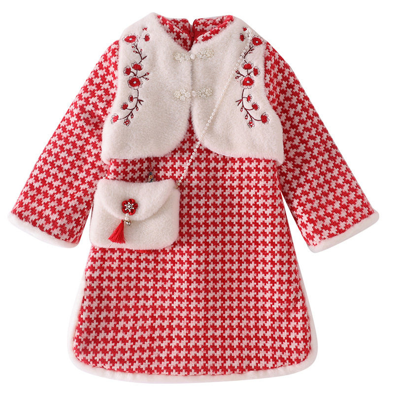 2025新款女童汉服旗袍冬装儿童中国风马甲套装连衣裙新年装拜