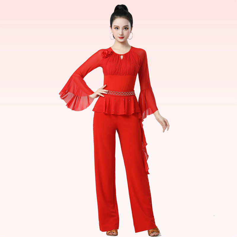 2026新款广场舞摩登舞黑色上衣女修身镶钻圆领中袖衣拉丁舞服吉特