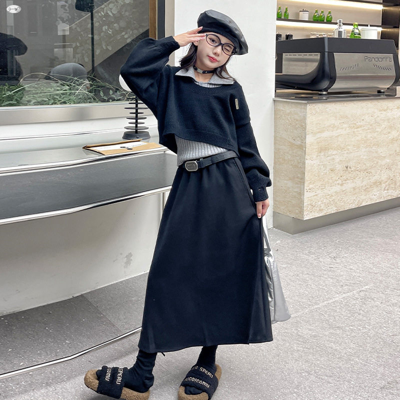 2026新款女童春秋装套装洋气韩版中大童秋季半身裙针织毛衣三件套