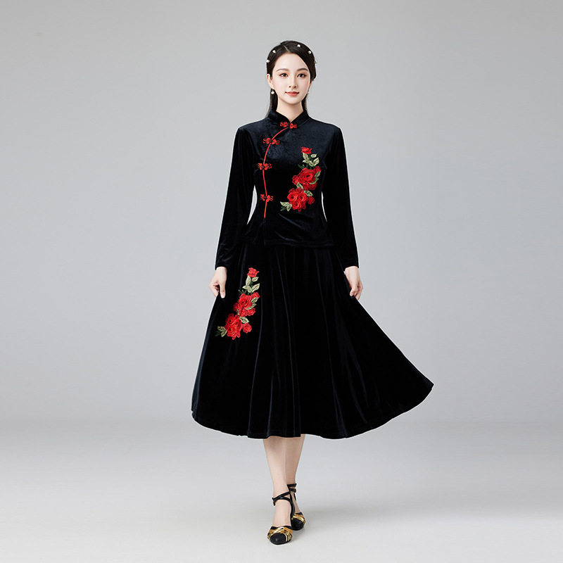 2026新款旗袍领广场舞服装套装秋冬金丝绒演出服女大摆裙阔腿裤跳