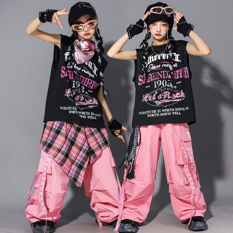 2026新款儿童hiphop街舞演出服少儿粉色亮皮服装男童嘻哈套