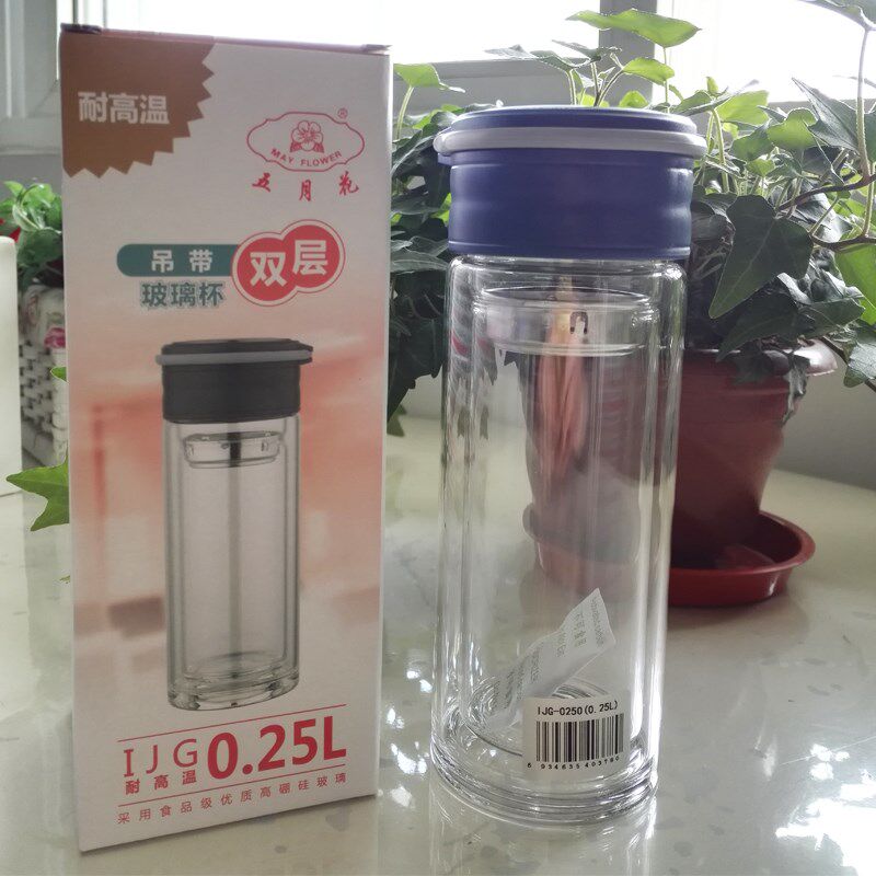 五月花双层保温隔热水杯创意出口茶叶杯加厚钢化玻璃杯水晶玻璃杯