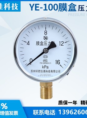 YE-100 16kPa 膜盒压力表 燃气压力表 锅炉通风压力表 苏州轩胜