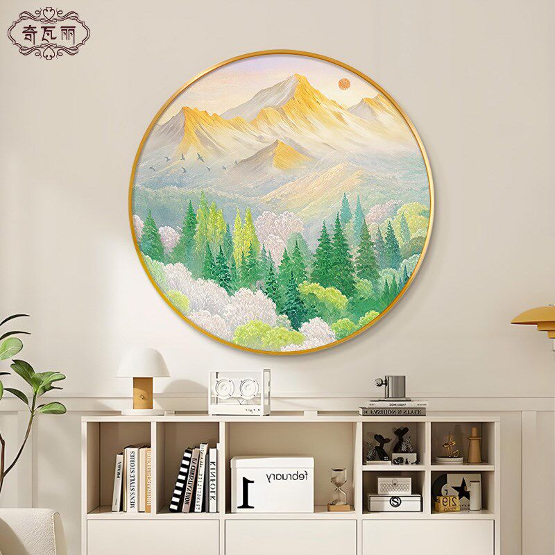 百花争春圆形玄关装饰画入户正对门壁画山水油画客厅挂画奶油风