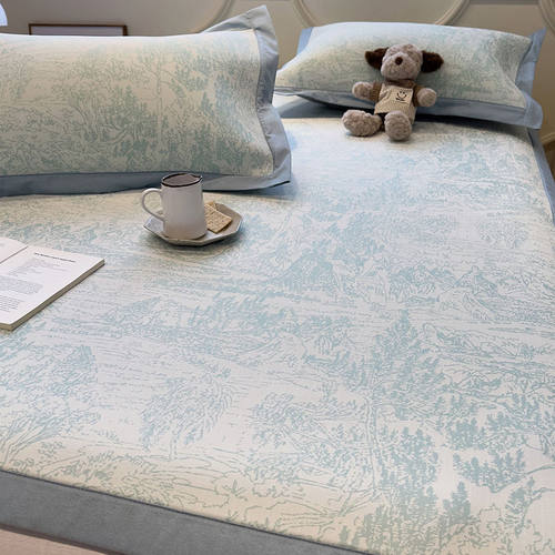 A类韩式蓝色碎花夏天冰丝凉席2024新款可折叠机洗床笠款空调席子