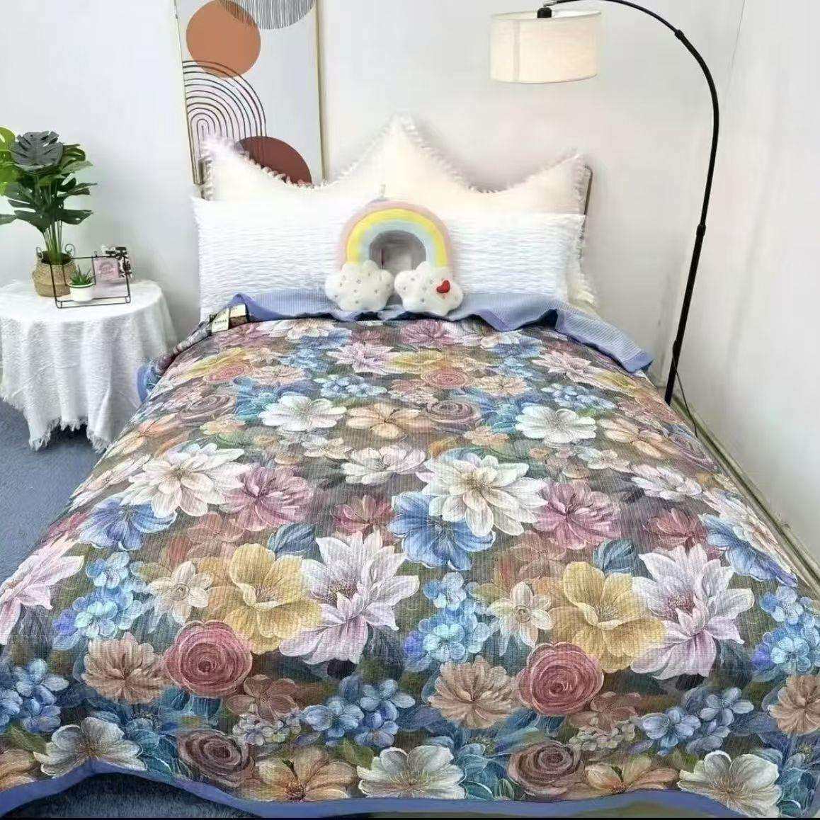 数码印花密道绗缝床盖水洗棉柔软舒适加厚家用花边床盖双人床单