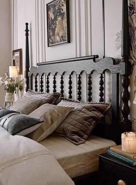 中古风法式现代简约黑色1米8实木双人床美式复古温莎床主卧室婚床