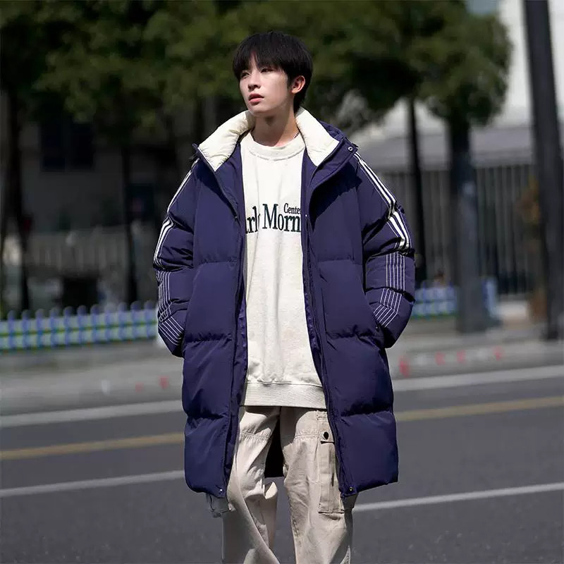 中长款羽绒棉服男冬季新款加厚保暖条纹棉衣潮牌休闲连帽棉袄外套