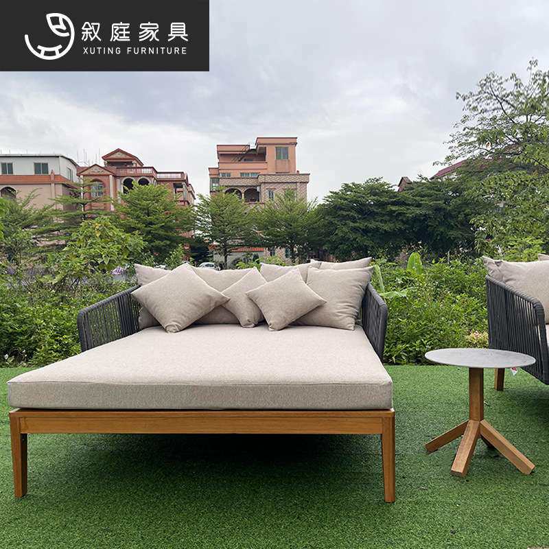 户外沙发庭院防晒防水藤艺躺床室外藤编露台实木床小茶几组合家具