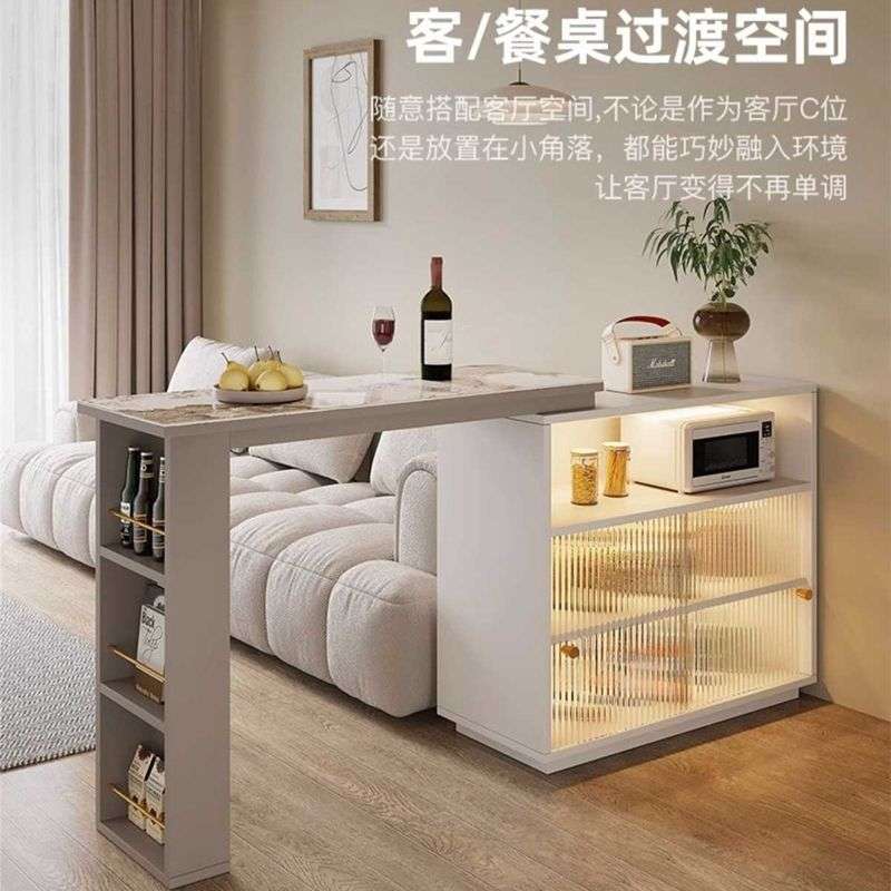 意式轻奢岩板吧台奶油风简约隔断一体客厅家用伸缩转角餐边柜岛台