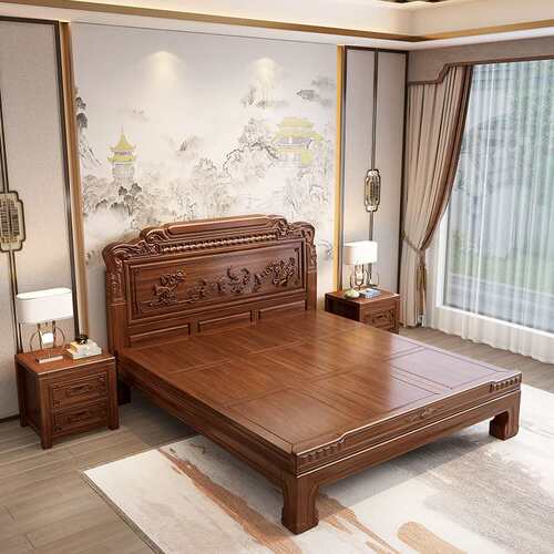 实木床全实木花鸟雕花乌金木实木明清复古新中式主卧大床储物中式