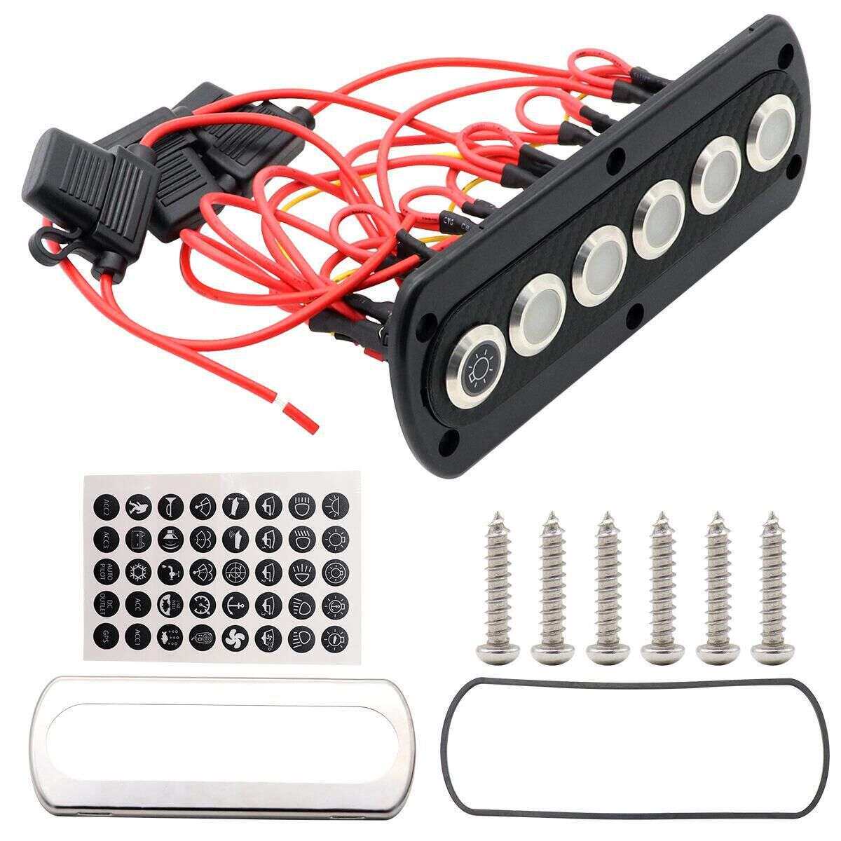新款炭纤维面板6位按钮开关12V 20A船用游艇房车改装面板开关