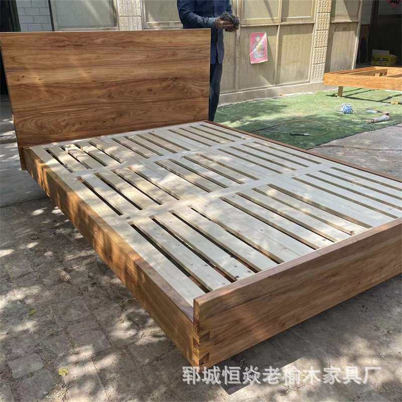 北欧老榆木双人床卧室榻榻米矮床民宿酒店落地式大床2米地台床