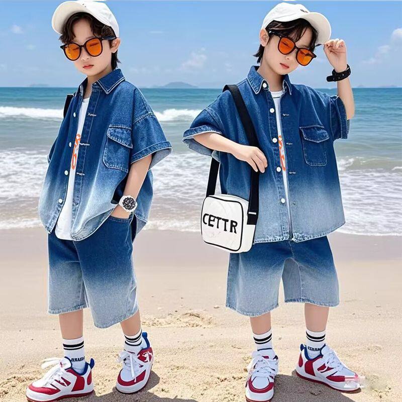 男童夏装套装2026新款洋气潮男孩夏季短袖衣服儿童时髦牛仔两件套
