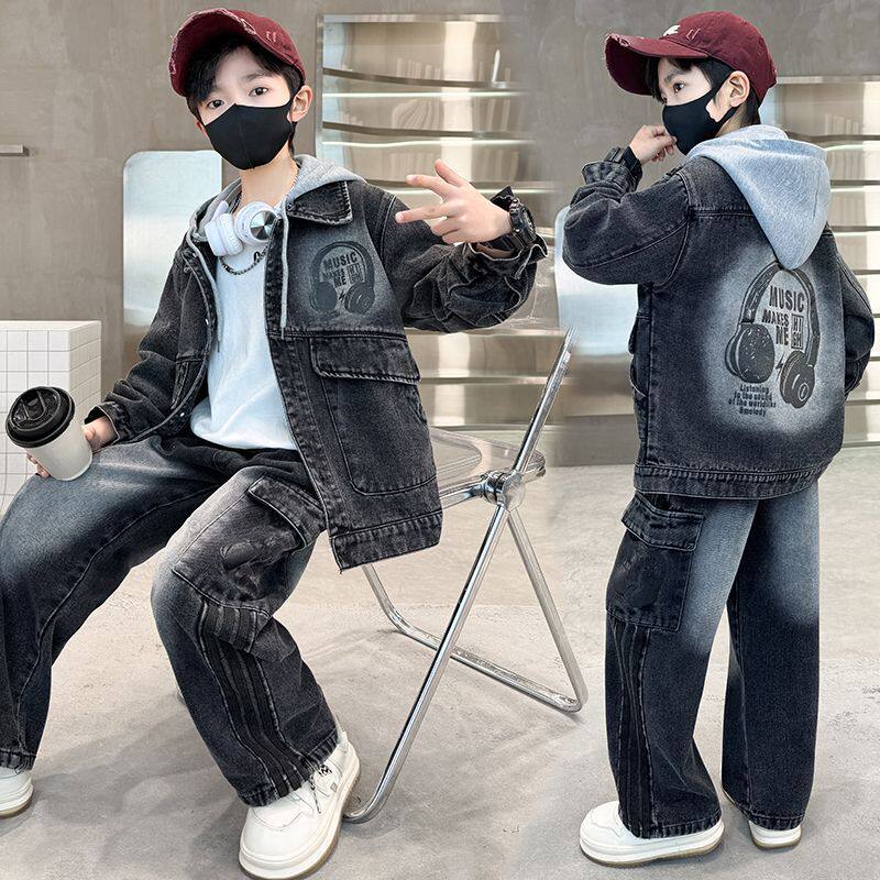 儿童牛仔连帽外套搭配工装裤套装中大童春秋小孩子衣服牛仔两件套