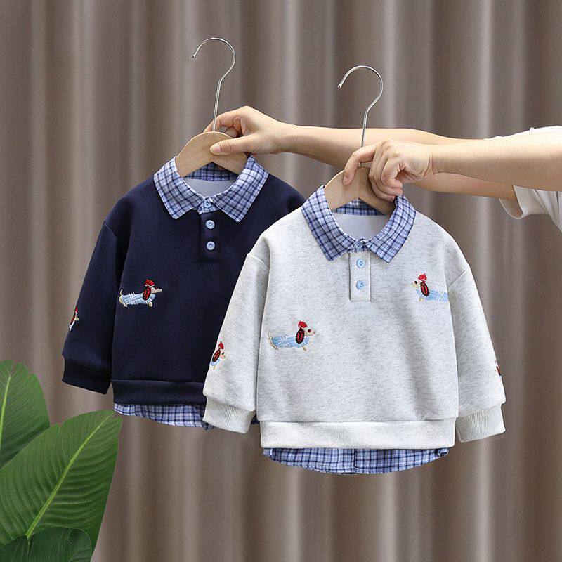 男童两件卫衣宝宝春装2026韩版格子新款拼接儿童春秋帅气上衣