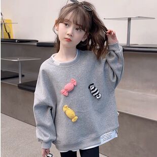 女童卫衣春装2026新款小女孩灰色长袖春秋中款儿童休闲上衣假两件