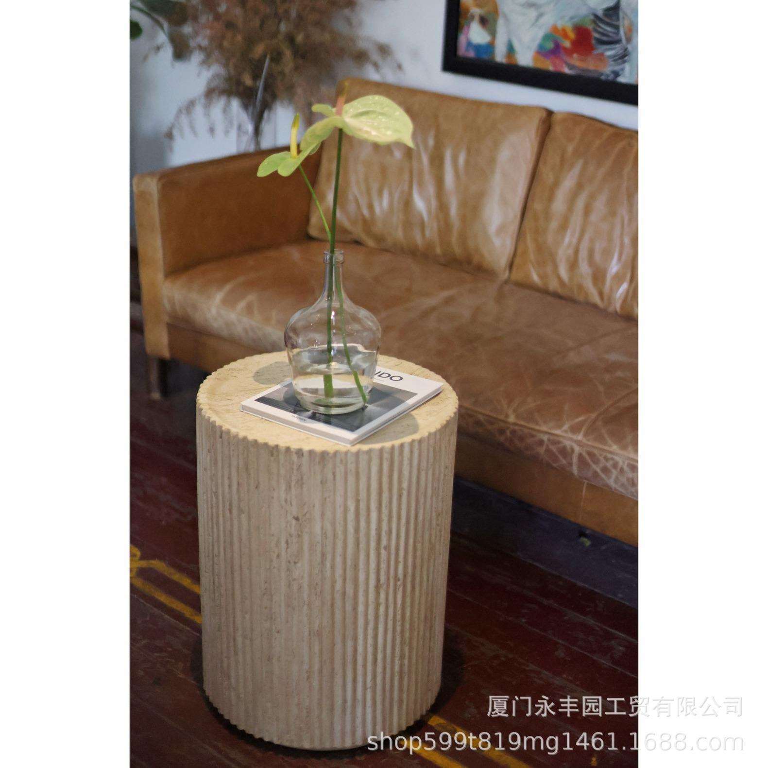 嘻物所罗马柱圆形沙发边几客厅角几设计仿洞石茶几边几复古经典
