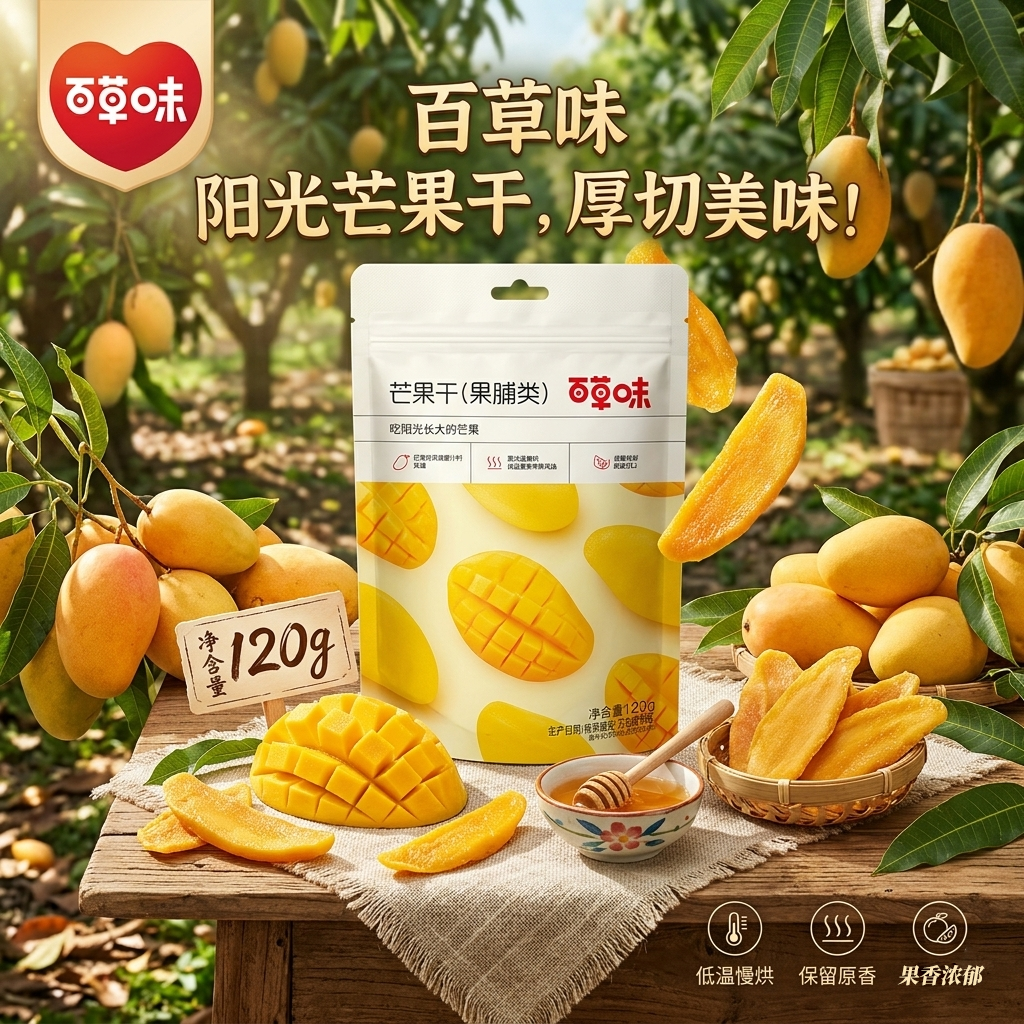 百草味芒果干120g香甜厚切大片即食水果干果脯柔软细腻袋装酸甜