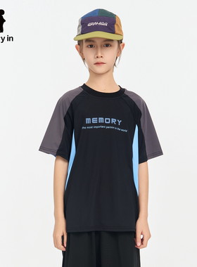 memoryin童装短袖T恤两个小朋友运动风字母印花撞色插肩袖圆领T恤
