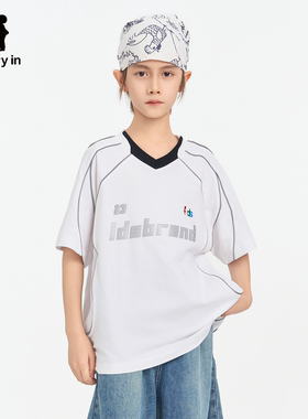 memoryin童装球服两个小朋友字母印花美式复古拼接V领短袖T恤