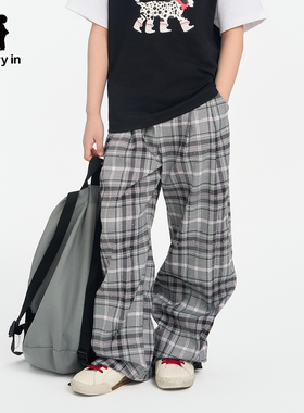 memoryin童装长裤两个小朋友亲肤透气休闲复古格纹梭织阔腿裤