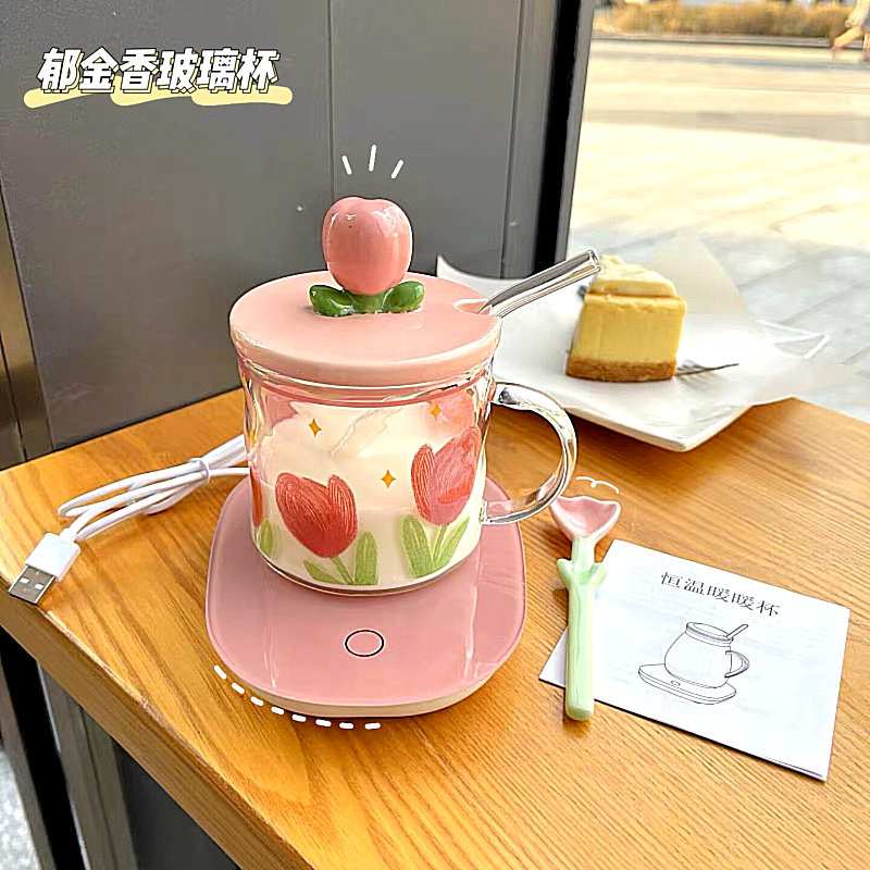 少女心郁金香玻璃杯耐热有盖勺家用学生宿舍牛奶办公室水杯子送礼