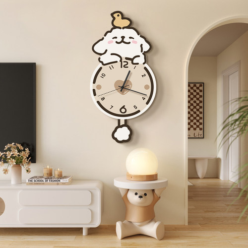 奶油风线条小狗客厅装饰画挂钟卡通时钟挂墙电视背景墙艺术钟表画
