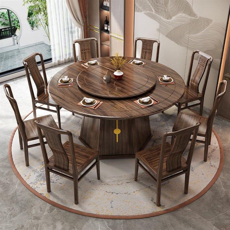乌金木圆餐桌转盘现代全实木加厚中式家用餐厅桌椅组合大尺寸饭桌