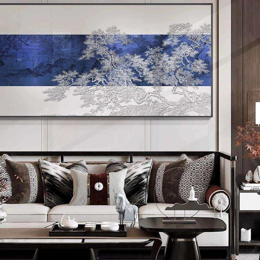 新中式肌理浮雕客餐厅挂画酒店书房茶室壁画迎客松风景高档装饰画