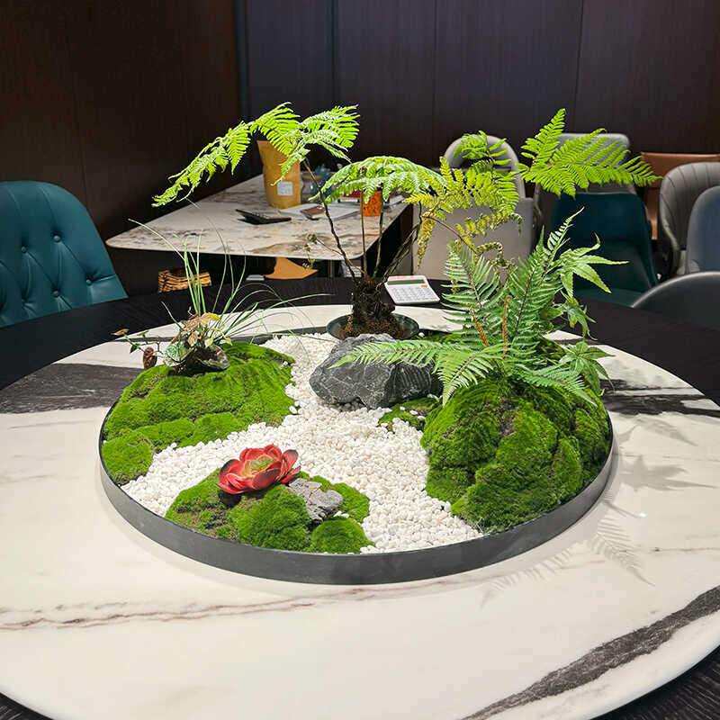 酒店餐桌中间摆花饭店圆桌转盘中间装饰品山水景观摆件餐厅仿真花