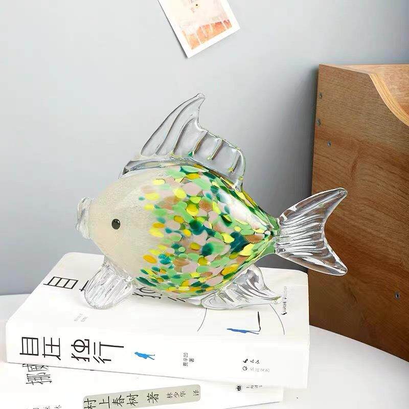 琉璃鱼厚重玻璃对嘴鱼摆件中式轻奢招财工艺品家居样板房软装饰品