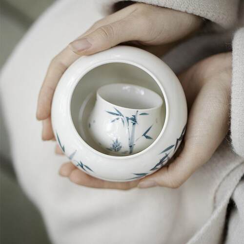 墨己草木灰手绘建水茶道配件陶瓷茶洗废水缸竹子家用大号水盂摆件