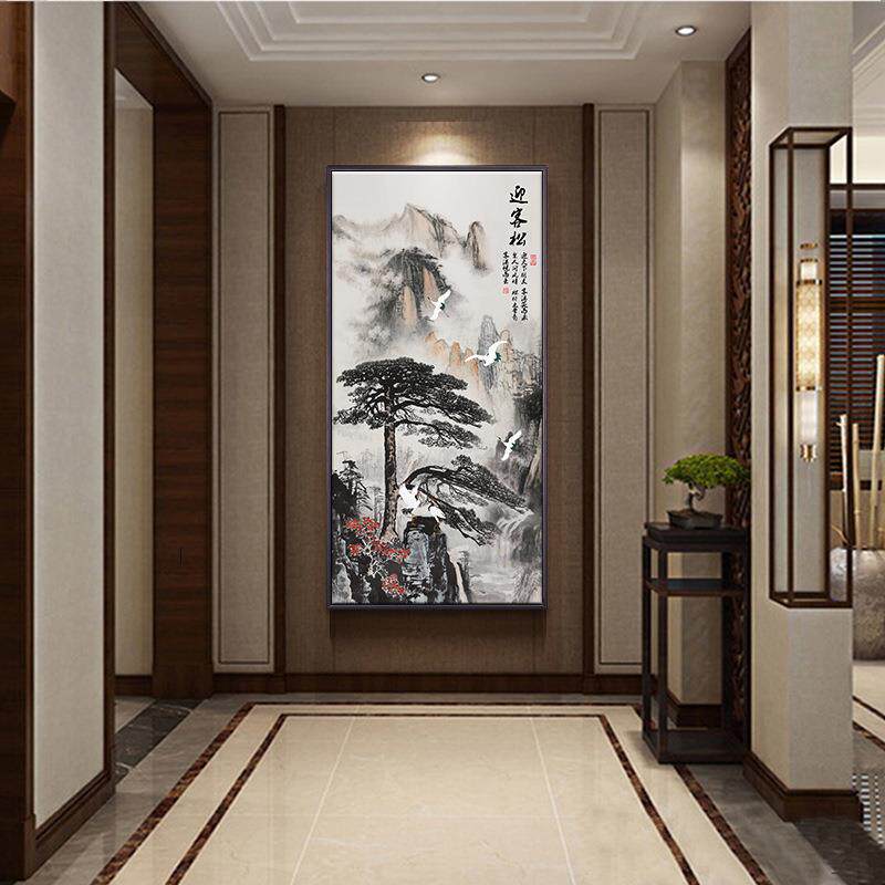 新中式迎客松中国风山水风景竖版画玄关装饰挂画酒店走廊过道壁画
