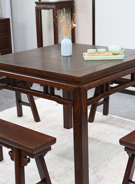 老榆木八仙桌仿古长条凳全实木正方形餐桌椅明清古典茶桌中式方台