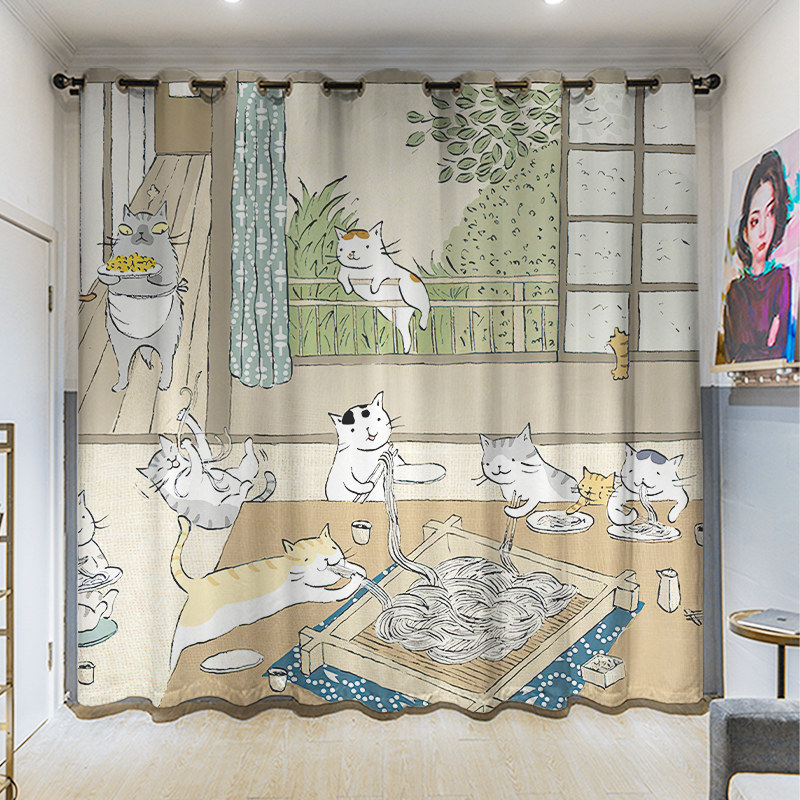 浮世绘猫咪卡通定制粗麻长帘插画个性卧室客厅挂钩遮光打孔窗帘布