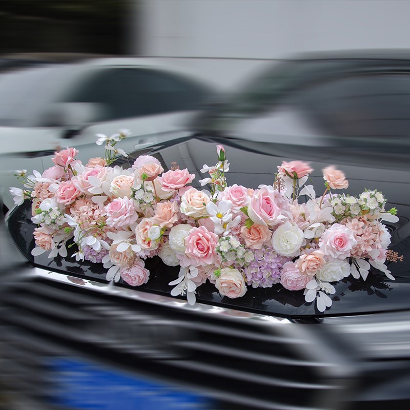婚礼仿真装饰成品车头花艺 假花绢花欧式色系婚车手工花艺布置