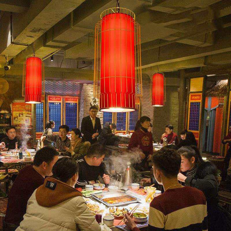 传统中式火锅店灯具铁艺红吊灯中国风饭店大厅过道餐桌灯笼带射灯