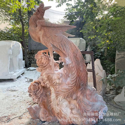 石雕凤凰 天然晚霞红石雕凤凰孔雀百鸟朝凤戏牡丹瑞鸟五凤雕塑