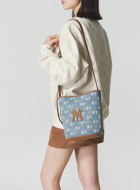 MLB官方正品男女情侣老花牛仔水桶包 休闲收纳斜挎包单肩包BMMV6