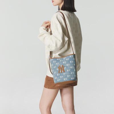 MLB官方正品男女情侣老花牛仔水桶包 休闲收纳斜挎包单肩包BMMV6