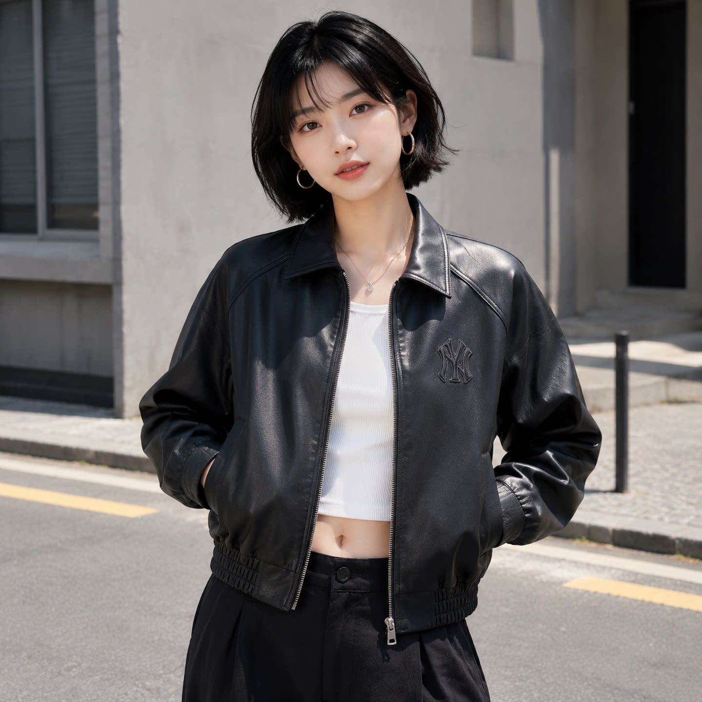 MLB情侣NY复古拉链翻领机车风皮质夹克外套26秋新款男女3AJPB0664