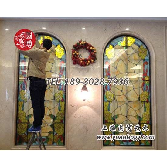 彩绘玻璃穹顶彩绘江苏盐城建湖酒店彩色玻璃窗户圆博工艺