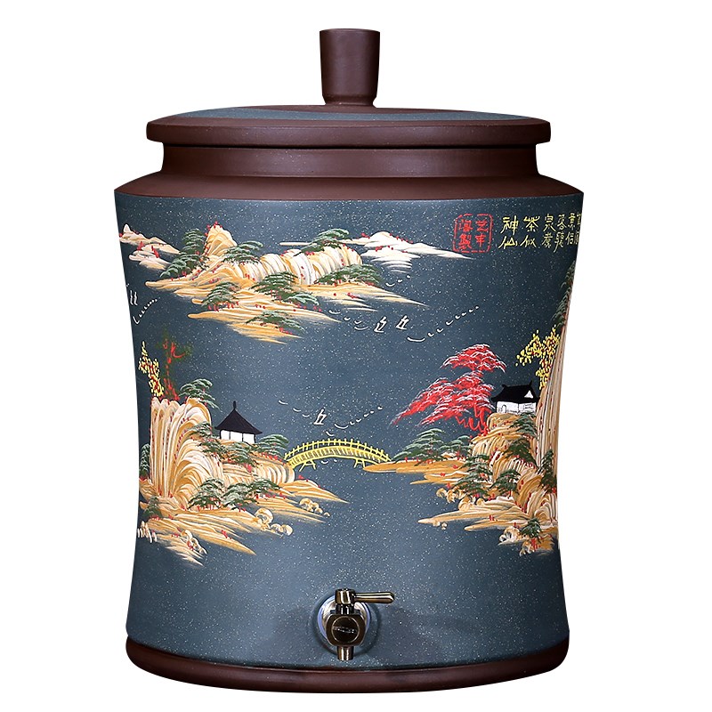 宜兴紫砂水缸 带龙头 大号陶瓷过滤净水缸 茶水缸 储水罐家用茶具