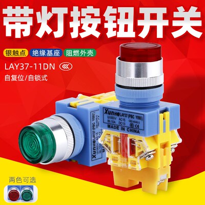 LAY37-11DNZS带灯自复位自锁PBC Y090按钮开关平头按钮一开一闭