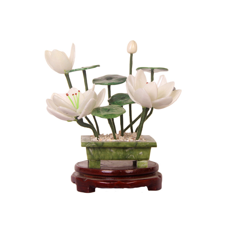 中式风格玉石白荷花摆件仿真莲花盆景家居装饰客厅佛堂供奉佛前花