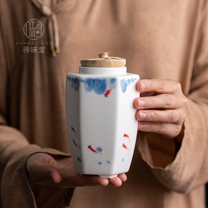 白玉汝窑手绘茶叶罐高档密封罐储茶罐家用中式开片陶瓷功夫茶具