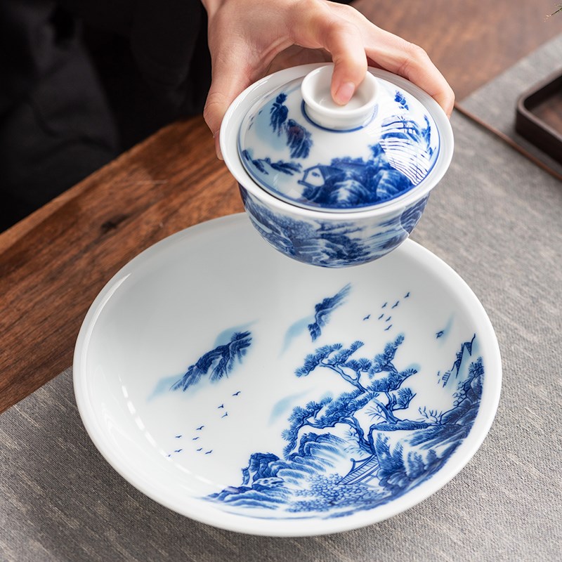 青花瓷壶承蓄水陶瓷壶托底座藤编养壶垫茶道茶具盖碗干泡茶承托盘