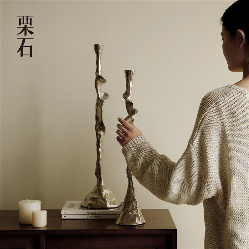 栗石【山巅】进口中古风艺术雕塑烛台高级金属银色蜡烛台装饰摆件