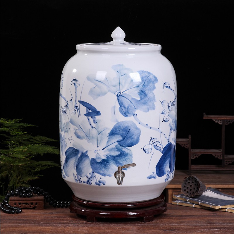 景/镇器瓷陶手工手绘水缸油缸大号50德100斤纯净水机储水罐带龙头